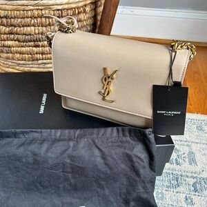 Saint Laurent Taupe Leather Shoulder Bag with Gold Accents